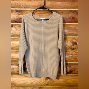 New York & Company Dolman Sleeve Beige Ribbed Sweater with Lace Up Sleeves Small